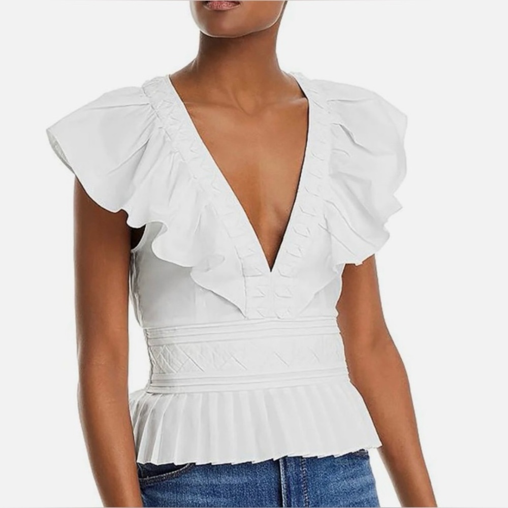 Ramy Brook Emilia White Flutter Sleeve Peplum Top XS NEW
